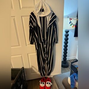 Black and White Striped Women's Pajama Onesie & Slippers
